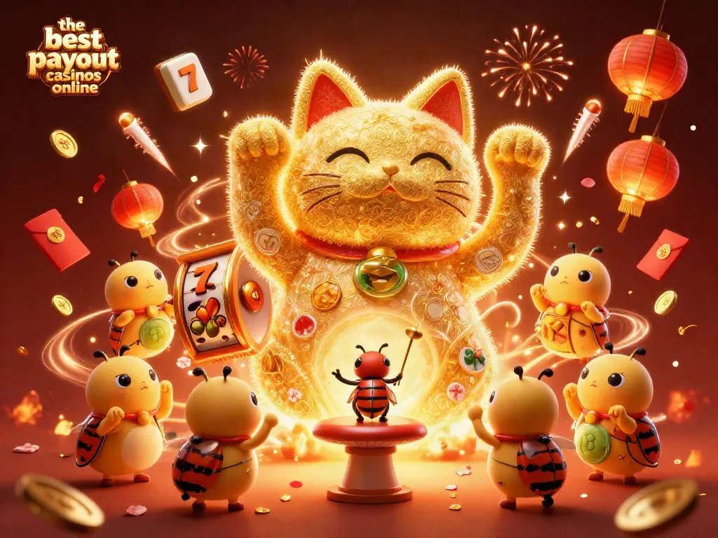 The best payout casinos online showcased as golden fireflies in a lucky cat display with slot game elements.
