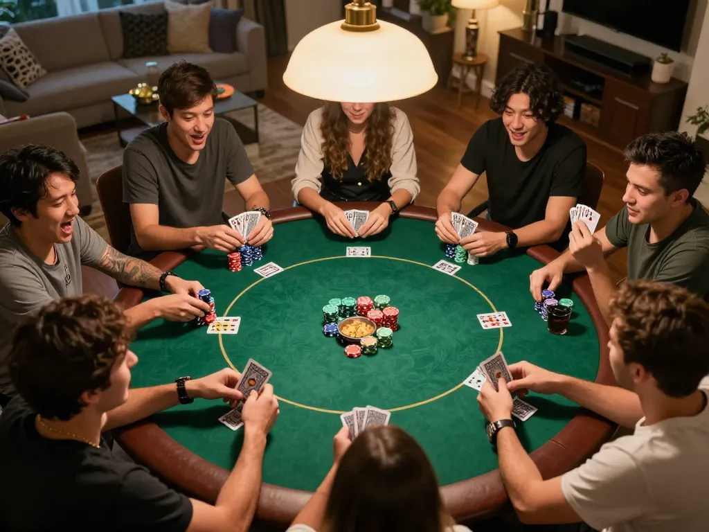 Engaged players at a home poker game, showcasing strategic gameplay with LC88 adding excitement to the casino experience.