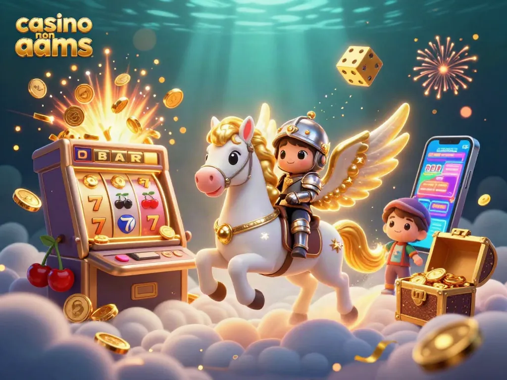 Gioca ai casino non AAMS con un'illustrazione ricca di azione dove un cavallo celeste vola accanto a simboli di jackpot.