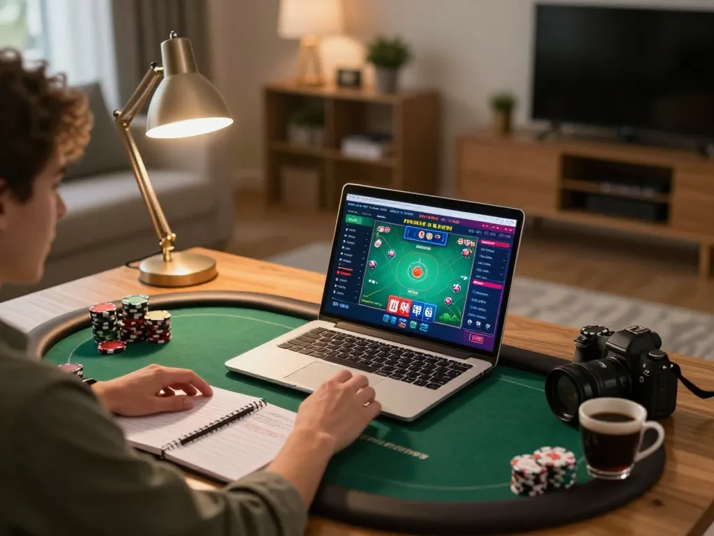 Player engaged with cm88 com poker game on a laptop at home, cozy ambiance.