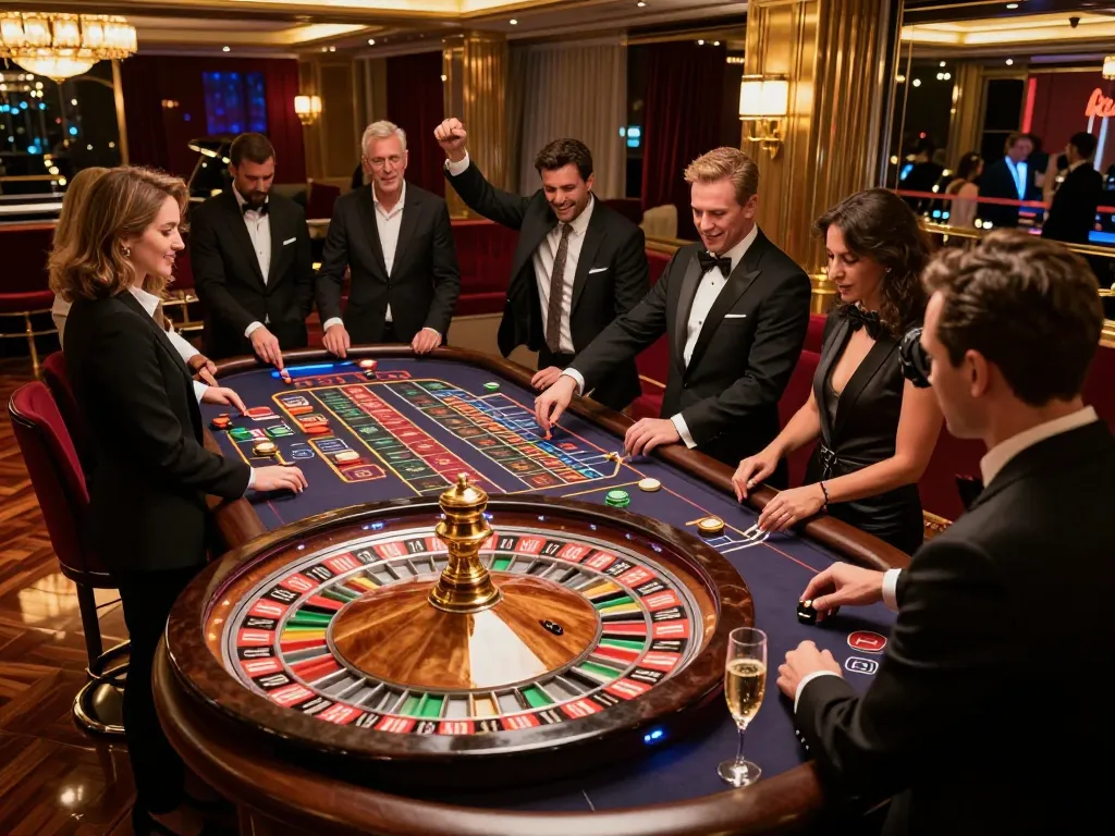 Players enjoying an intense roulette game at AE888 Casino with vibrant atmosphere and elegant decor.