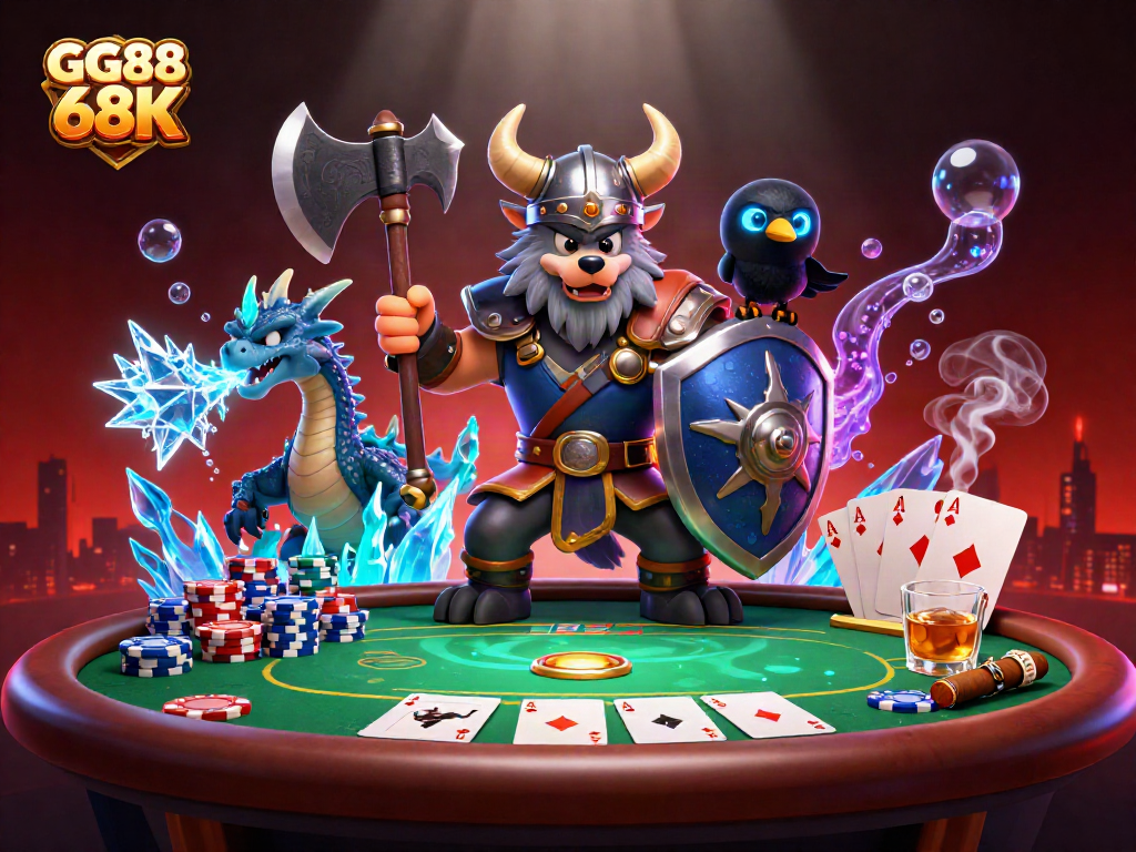 Engage with the excitement of GG88 68K in this vivid casino illustration featuring enchanted characters and poker elements.
