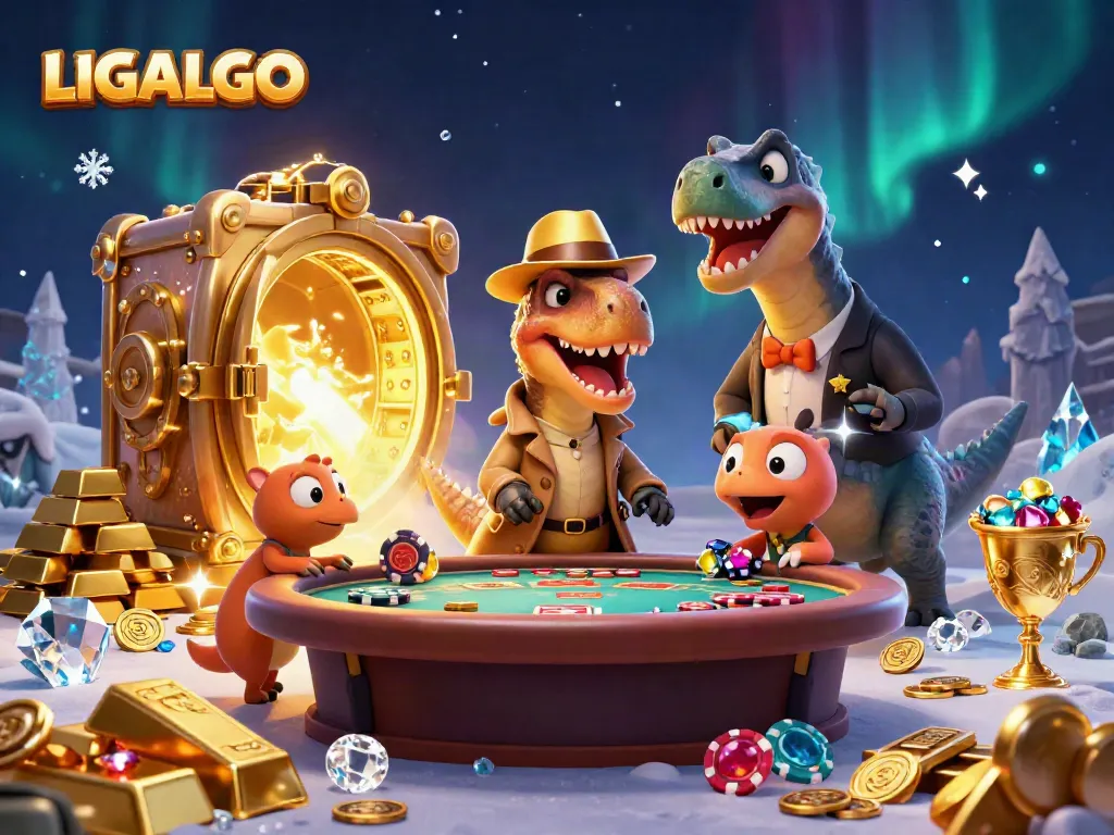 Experience the excitement of LIGALGO with a velociraptor card counter and dinosaur characters at a vibrant casino scene.