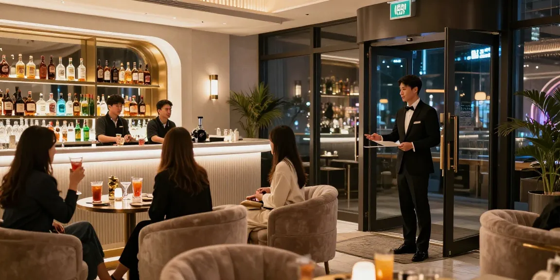 강남타이밍 쩜오의 고급스러운 내부에서 손님을 맞이하는 전문 호스트와 섬세한 조명이 비치는 장면.