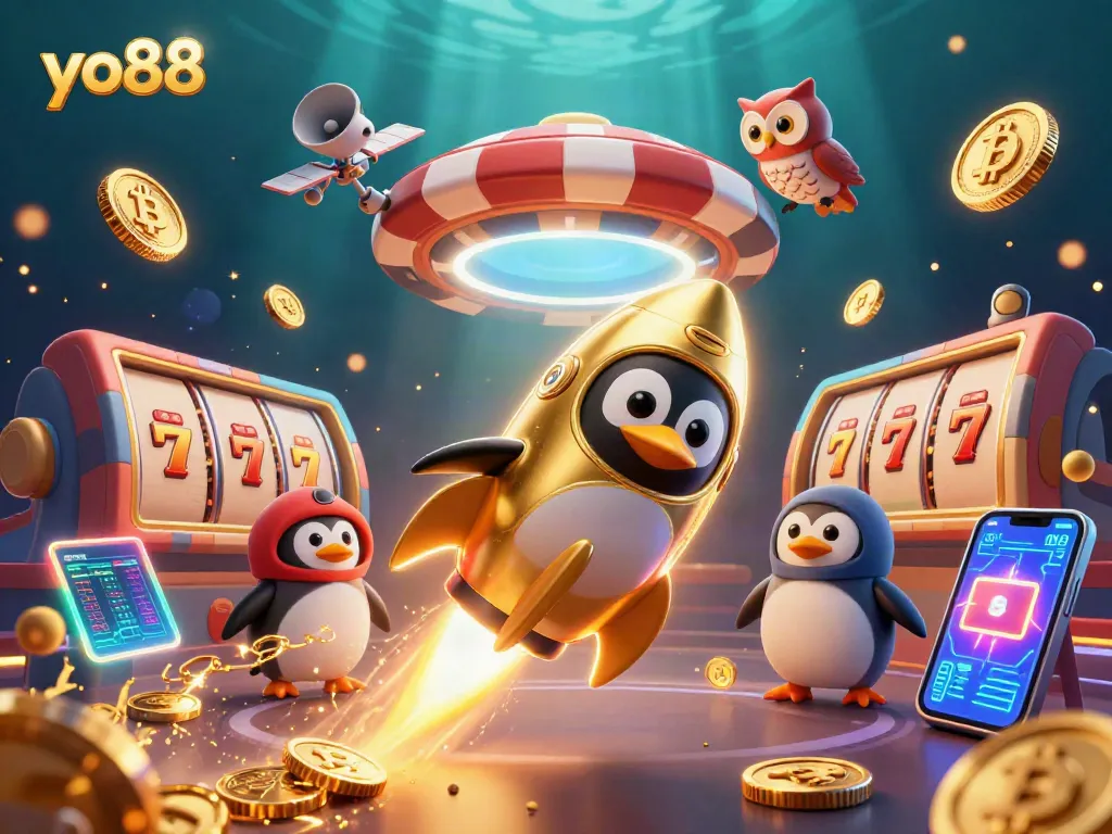 Experience thrilling games at yo88 with a rocket-powered penguin soaring through a cosmic casino world filled with excitement.