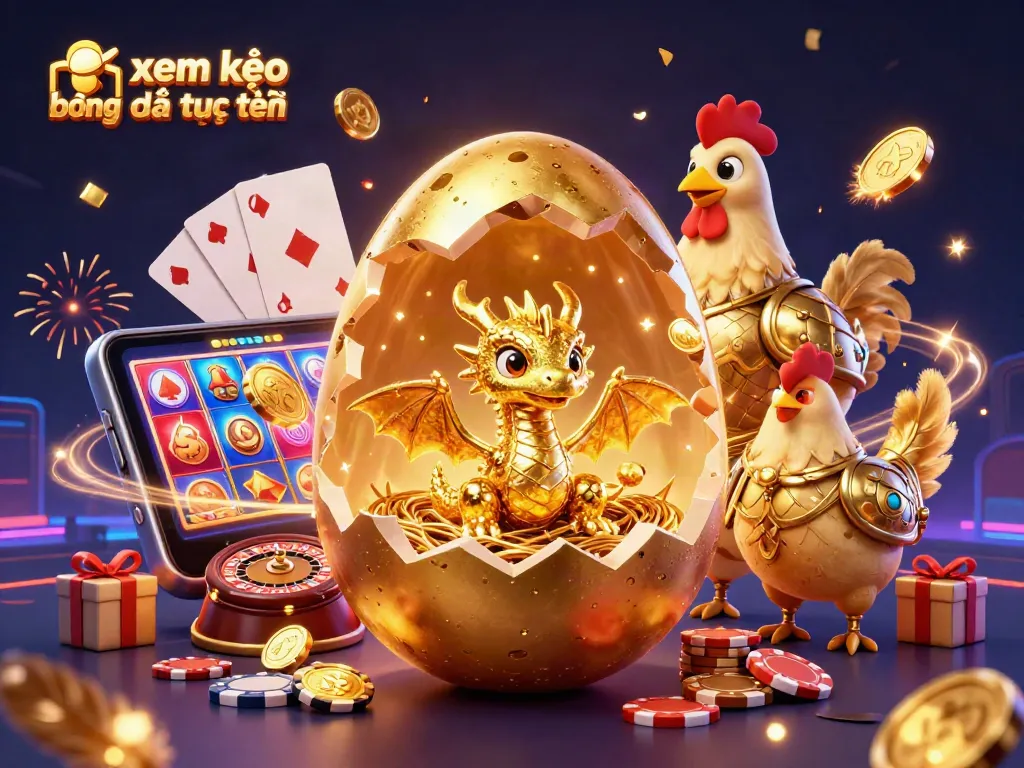 Xem kèo bóng đá trực tuyến với hình ảnh rực rỡ của trứng vàng, rồng và chip poker trong không gian sắc màu.