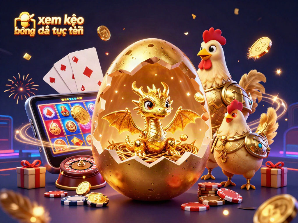Xem kèo bóng đá trực tuyến với hình ảnh rực rỡ của trứng vàng, rồng và chip poker trong không gian sắc màu.