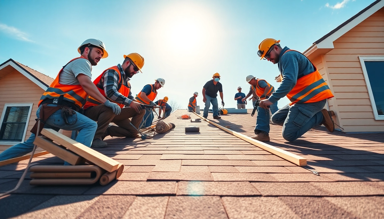 Roofing company team installing shingles on a house, showcasing craftsmanship and dedication.