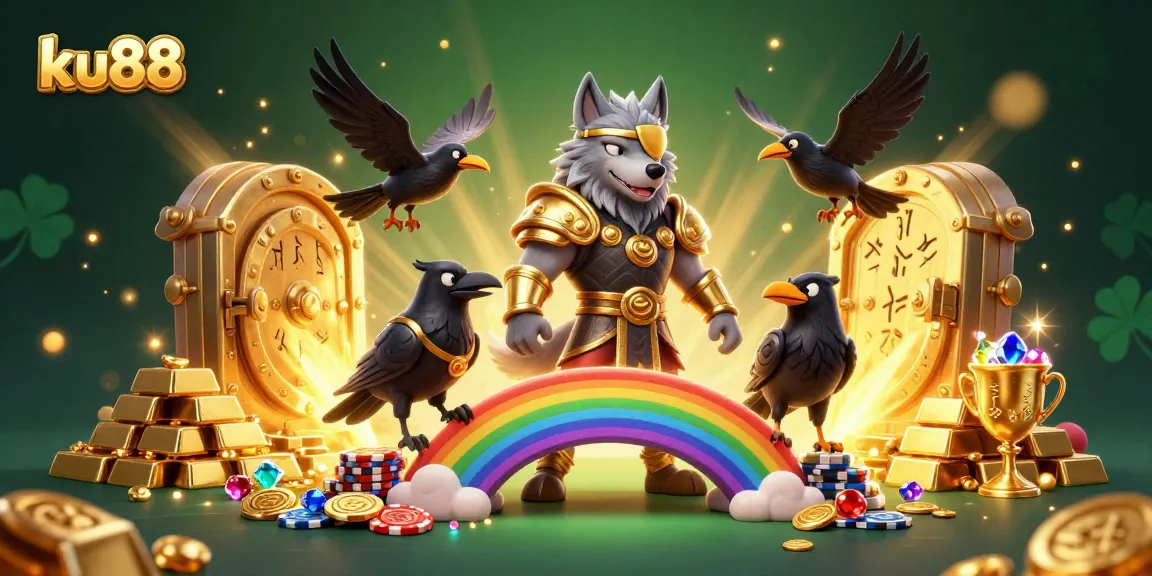 Experience the thrill of ku88 casino gaming with Odin and ravens guarding treasure.