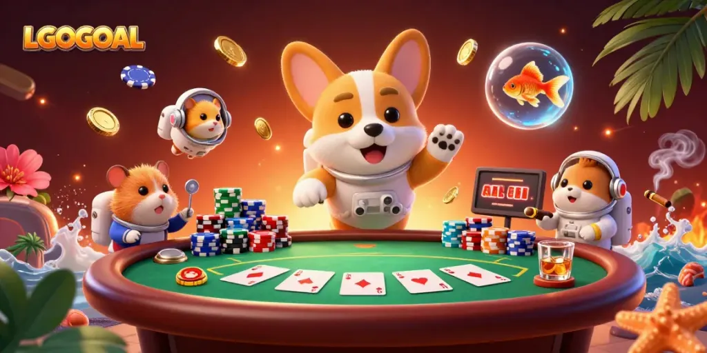 Experience LGOGOAL's thrilling space casino atmosphere with floating poker and coins in a vibrant scene.