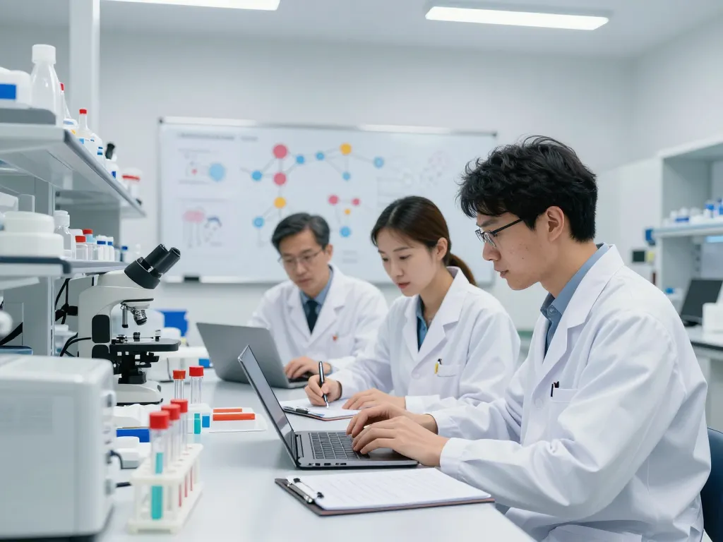 Research team analyzing MB66 antibodies in a modern lab setting