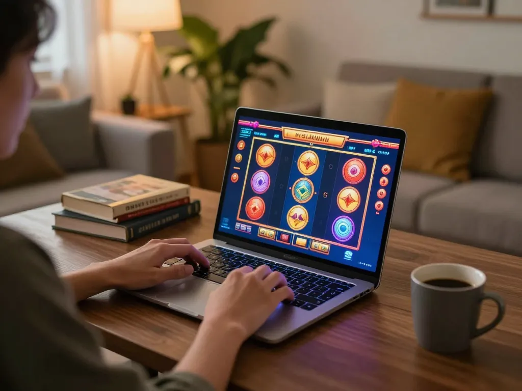 Engaging in slot paris games in a cozy home environment with vibrant colorful graphics