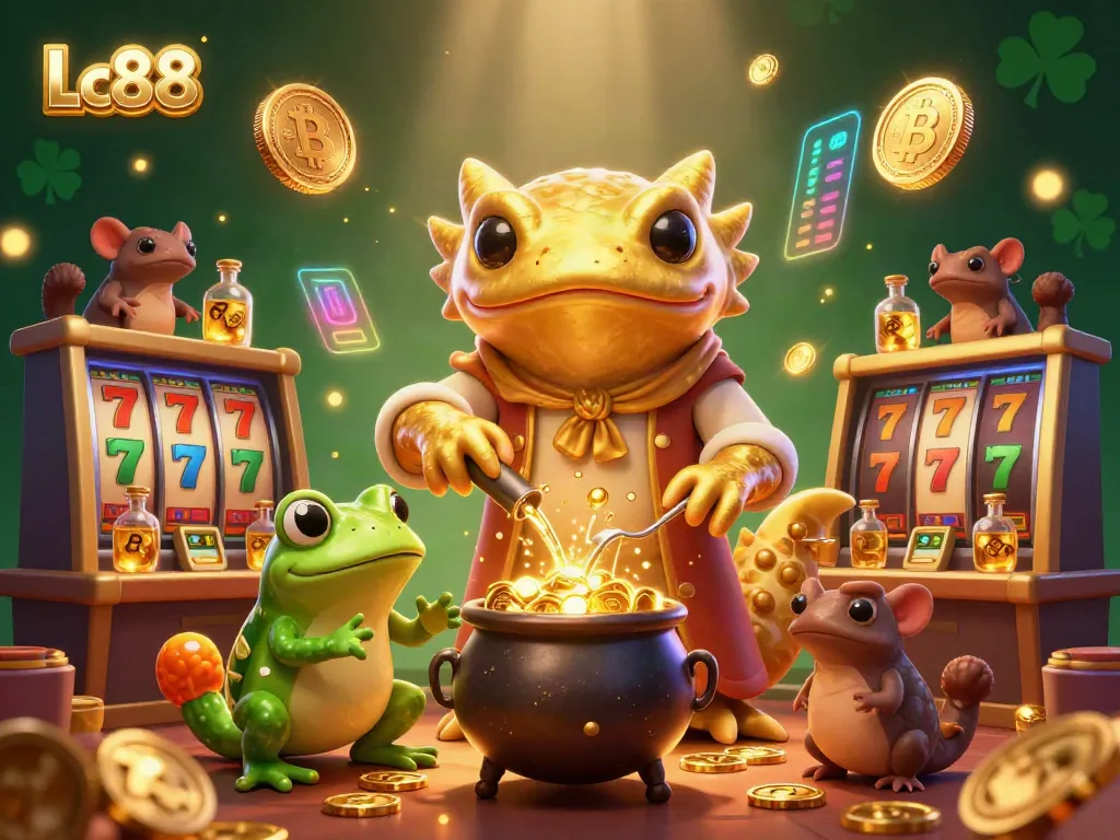 Engage with Lc88 in a vibrant casino scene, where a golden salamander alchemist transforms metals into coins.