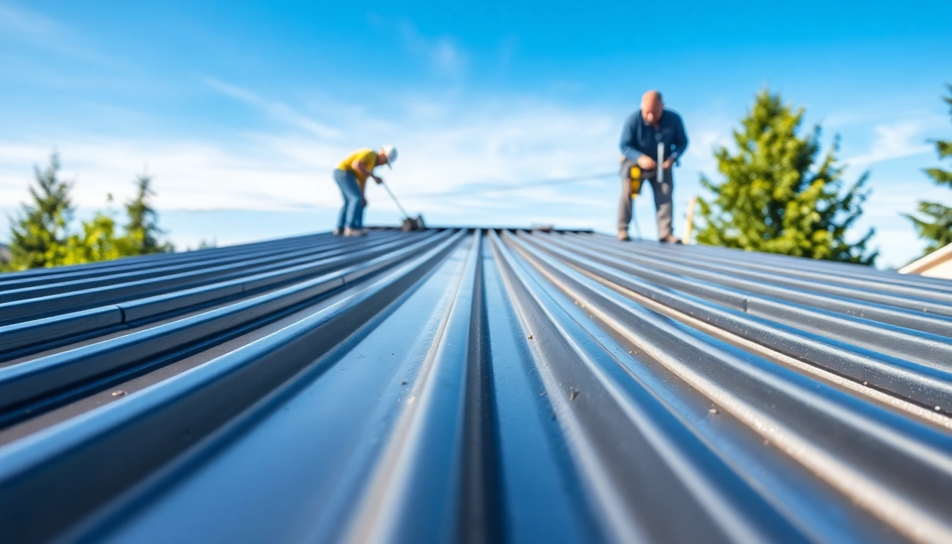 Metal roofing Vancouver installation showcasing skilled workers and shiny materials.
