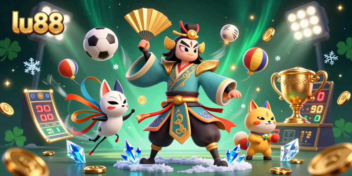 lu88 showcases interactive gaming with kabuki characters amid vibrant sports elements