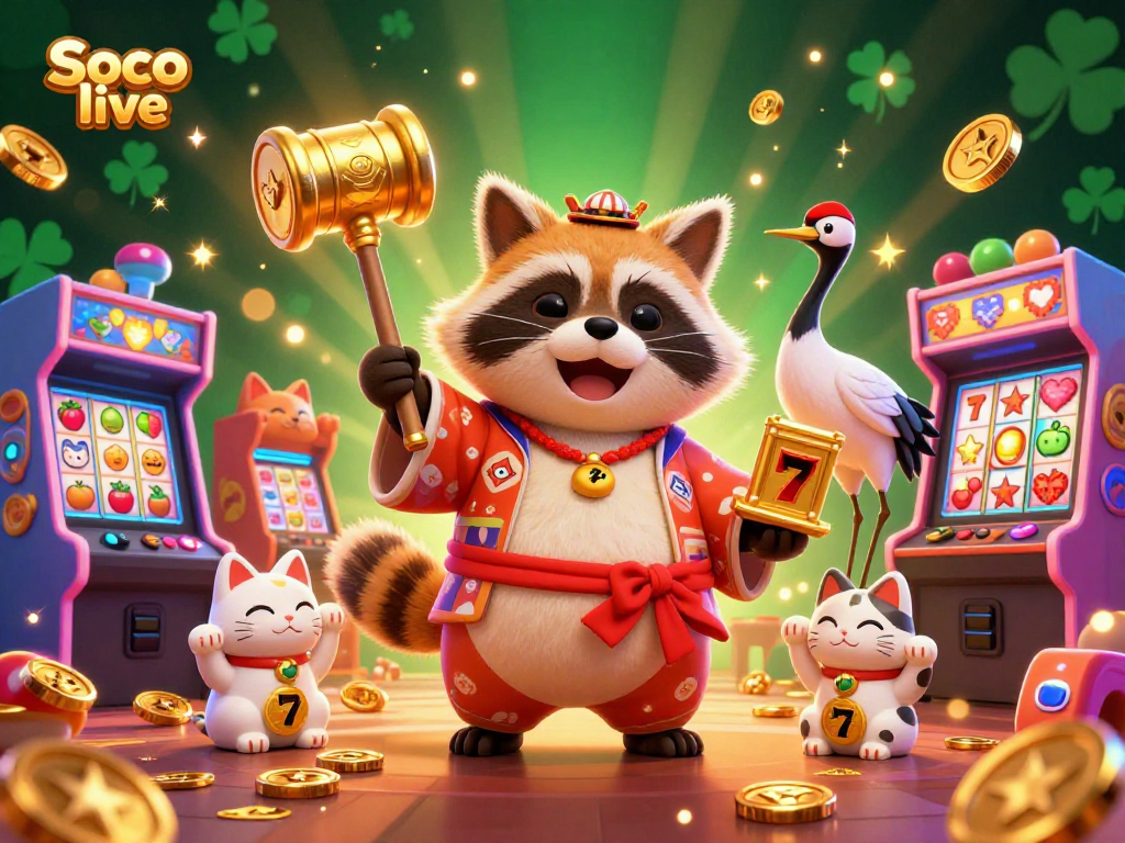 Soco live game enthusiasts enjoy a vibrant scene featuring a cheerful tanuki, lucky symbols, and casino excitement.