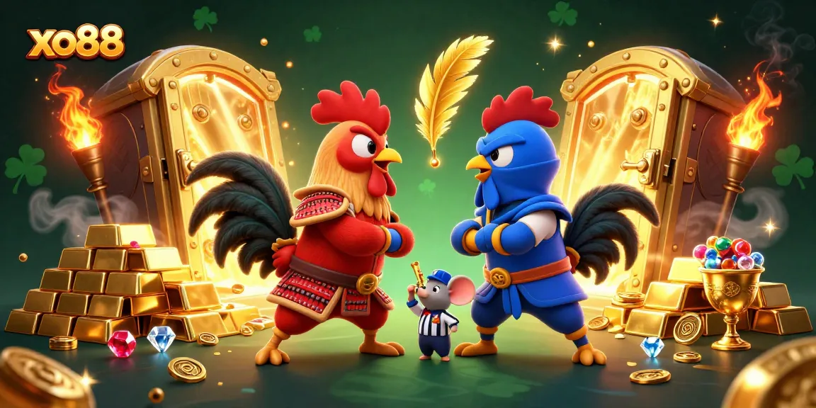 Exciting duel between cartoon fighting roosters representing xo88 in a vibrant casino scene.