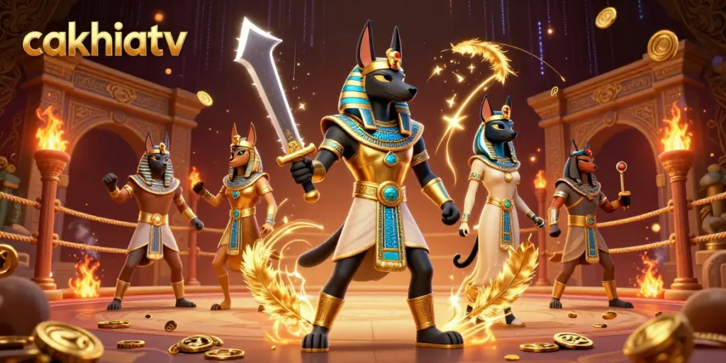 Cakhiatv engages players with an Egyptian warrior theme in a vibrant 3D casino scene.
