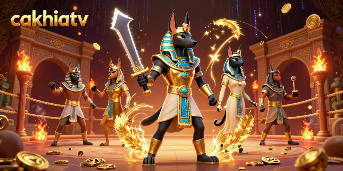Cakhiatv engages players with an Egyptian warrior theme in a vibrant 3D casino scene.