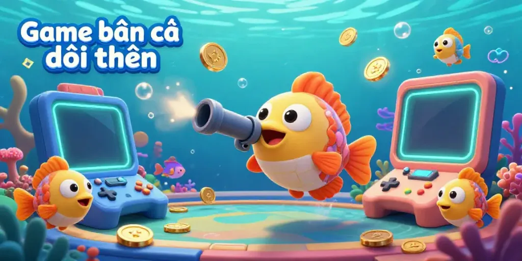 Engage in Game bắn cá đổi thưởng with lively underwater characters and vibrant gaming elements in a packed casino scene.