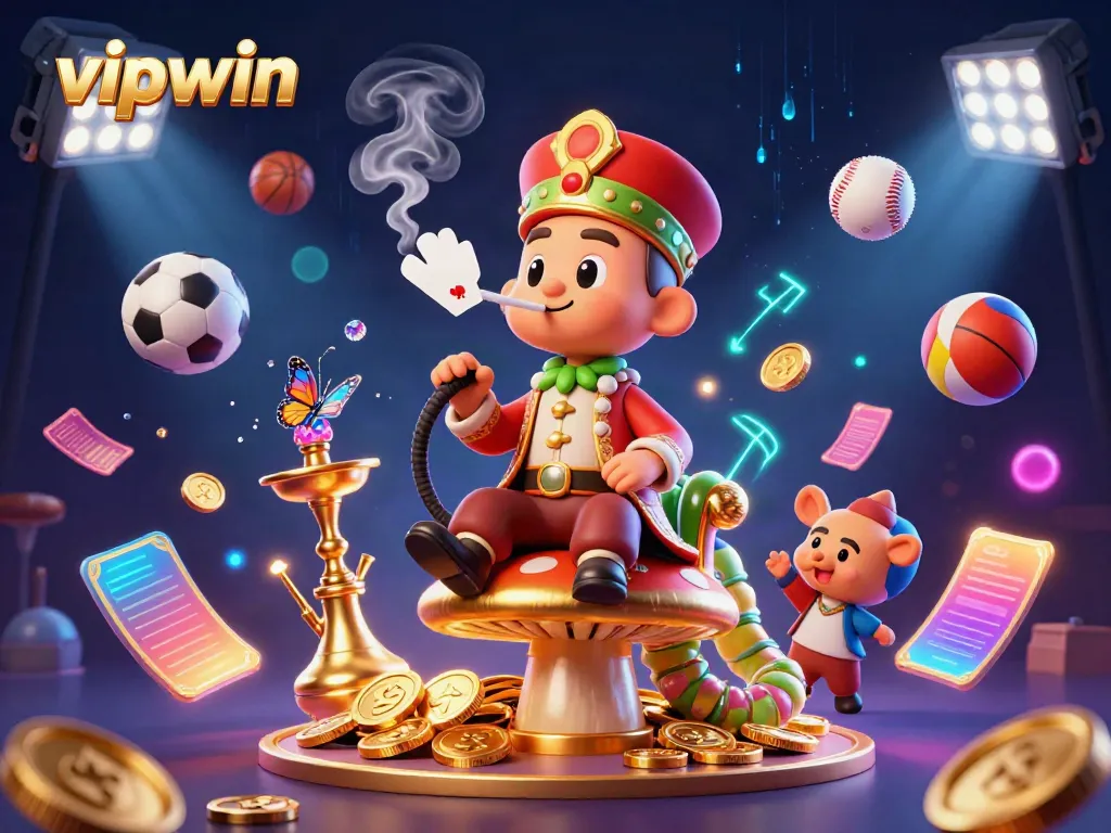 Bet on thrilling games with vipwin while enjoying vibrant 3D casino illustrations of fun characters and gold.