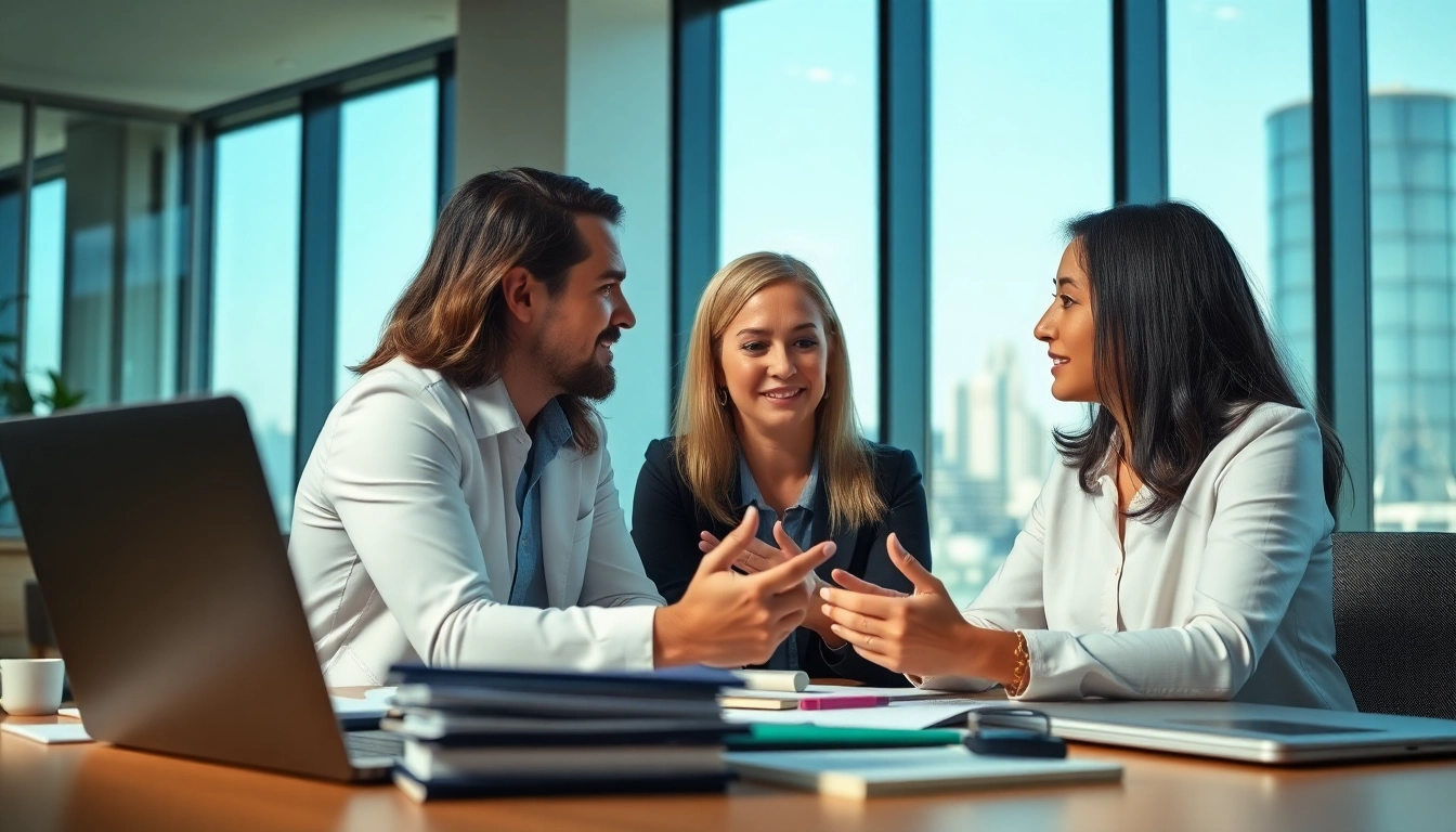Career coaching session between a client and coach in a modern office setting.