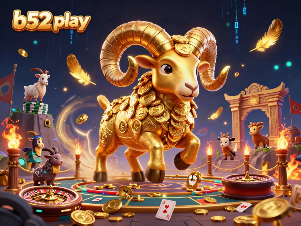 Experience thrilling b52 play with a golden ram and casino elements amid electric energy.