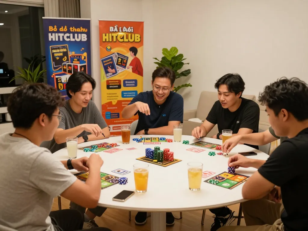 Players enjoying game bài đổi thưởng HITCLUB at a cozy home game night with cards and chips.