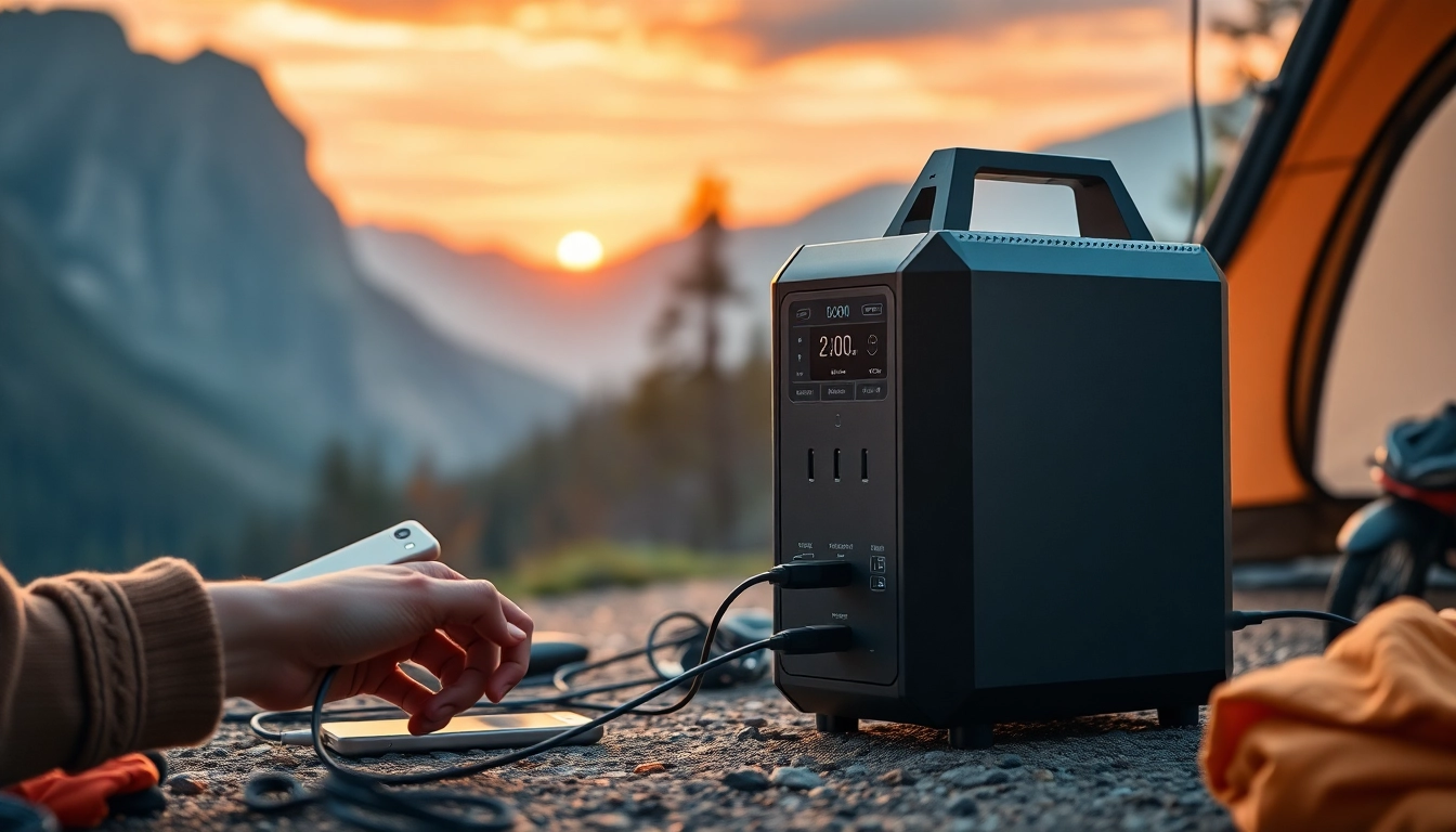 EcoFlow power station powering devices in a scenic outdoor camping environment.