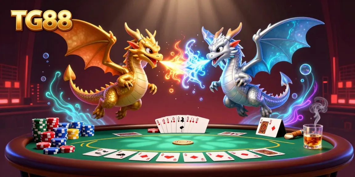 Experience the thrilling action of TG88 with 3D cartoon dragons representing dual elements in a vibrant casino scene.