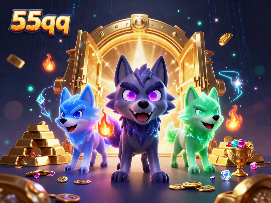 Engage with thrilling gameplay at 55qq, featuring captivating wolf characters amidst treasure and glowing elements.