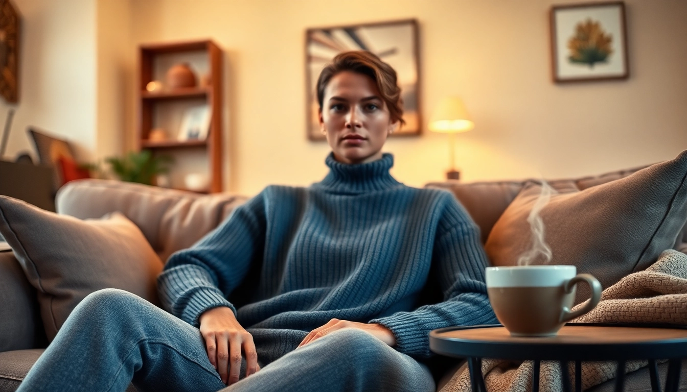 Model showcasing jumpers in a stylish and cozy living room setting.