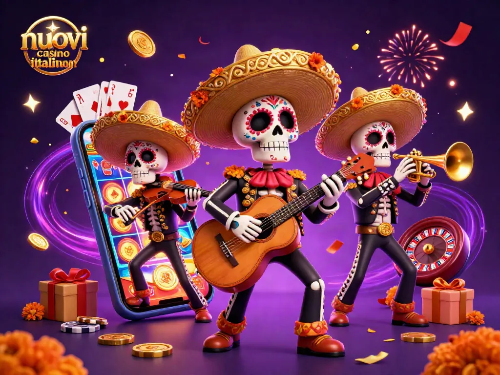 Gioca sui nuovi casino italiani con divertenti slot e premi colorati in un'illustrazione vivace.