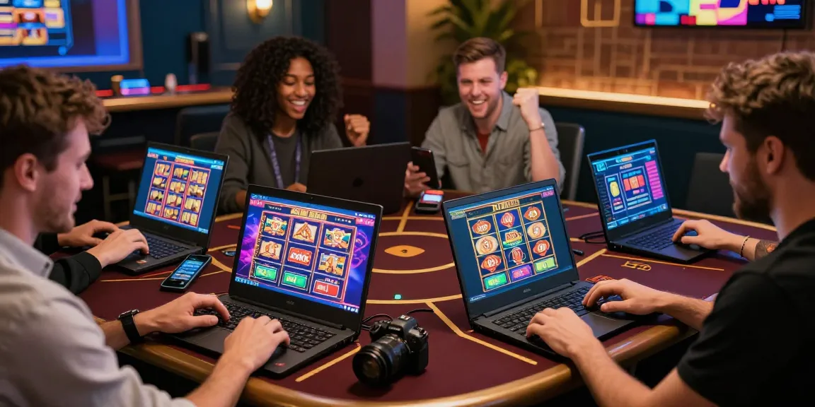 Engaged players exploring non UK registered casinos with vibrant gaming interfaces and cheerful atmosphere.