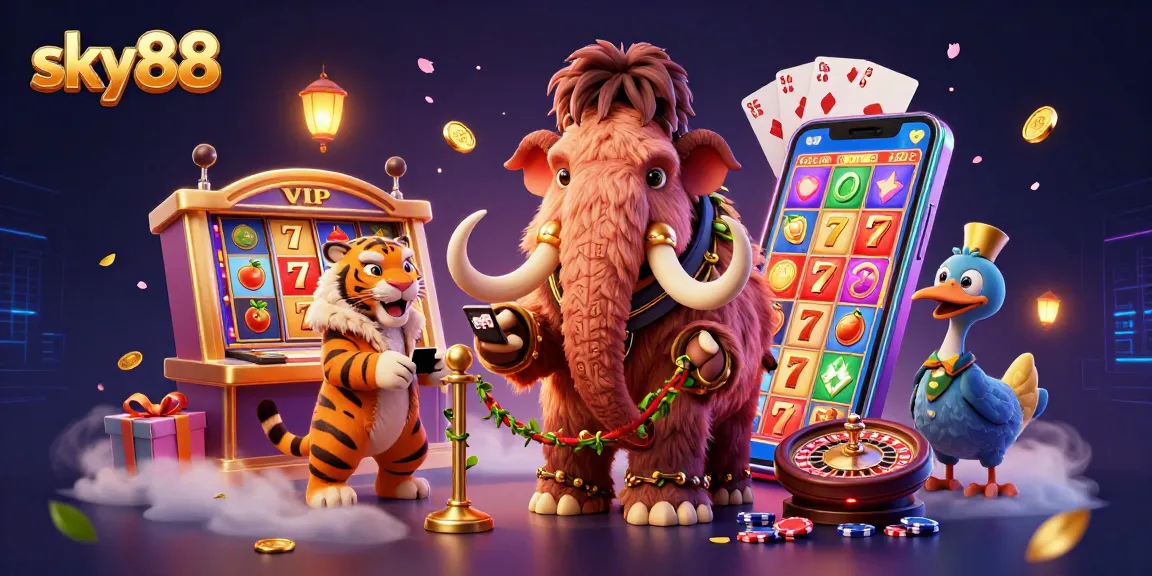 Experience thrilling gameplay at sky88 with vibrant slot machines and lively casino characters.