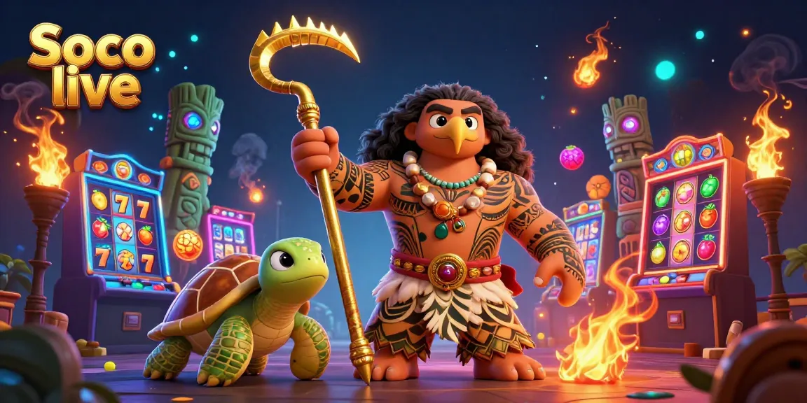 Soco live features a vibrant 3D scene with a demigod and turtle amidst colorful slot machines and glowing jewels.
