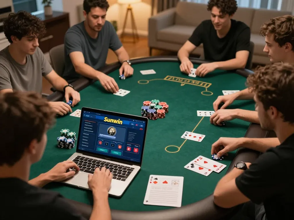 Players using Sunwin for an exciting online poker game in a cozy home setting.
