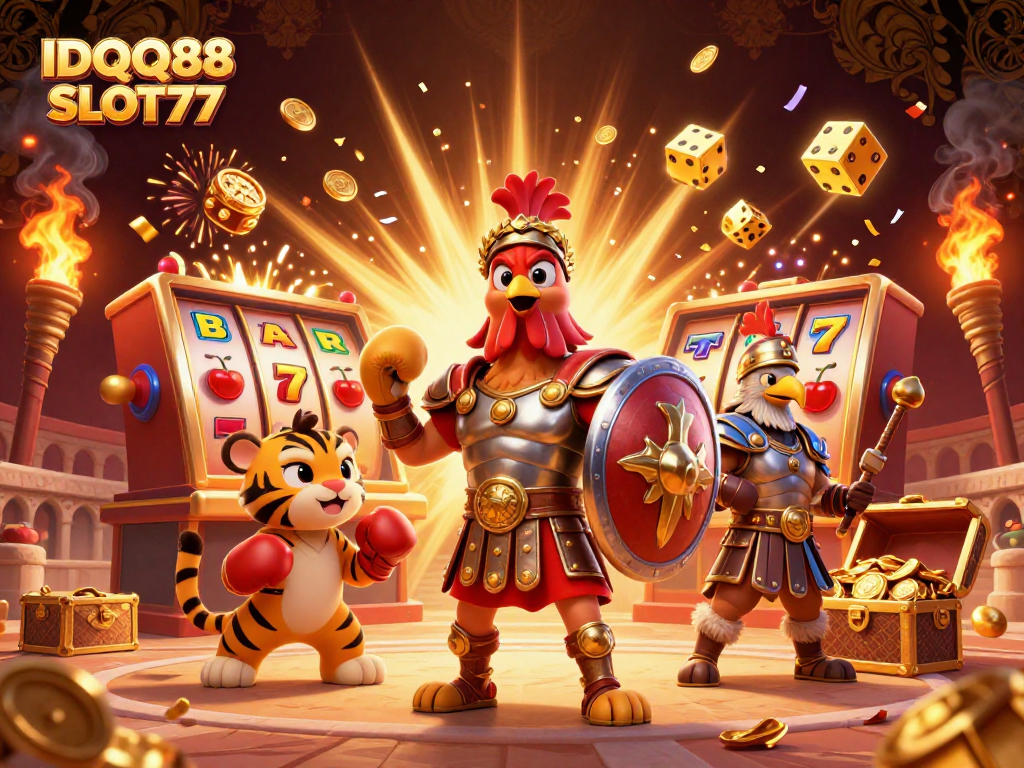 IDQQ88 SLOT77 showcases a lively 3D scene with dynamic slot machine action, blending fantasy and casino excitement.
