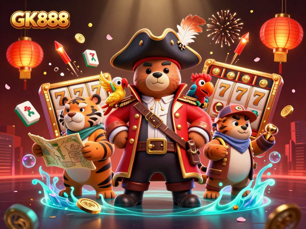 Experience thrilling gaming at GK888 with a vibrant scene featuring a pirate captain and exciting casino elements.