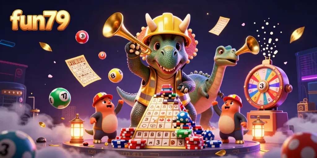 Win big with fun79 while a dinosaur celebrates with lottery balls and poker chips in a vibrant casino scene.