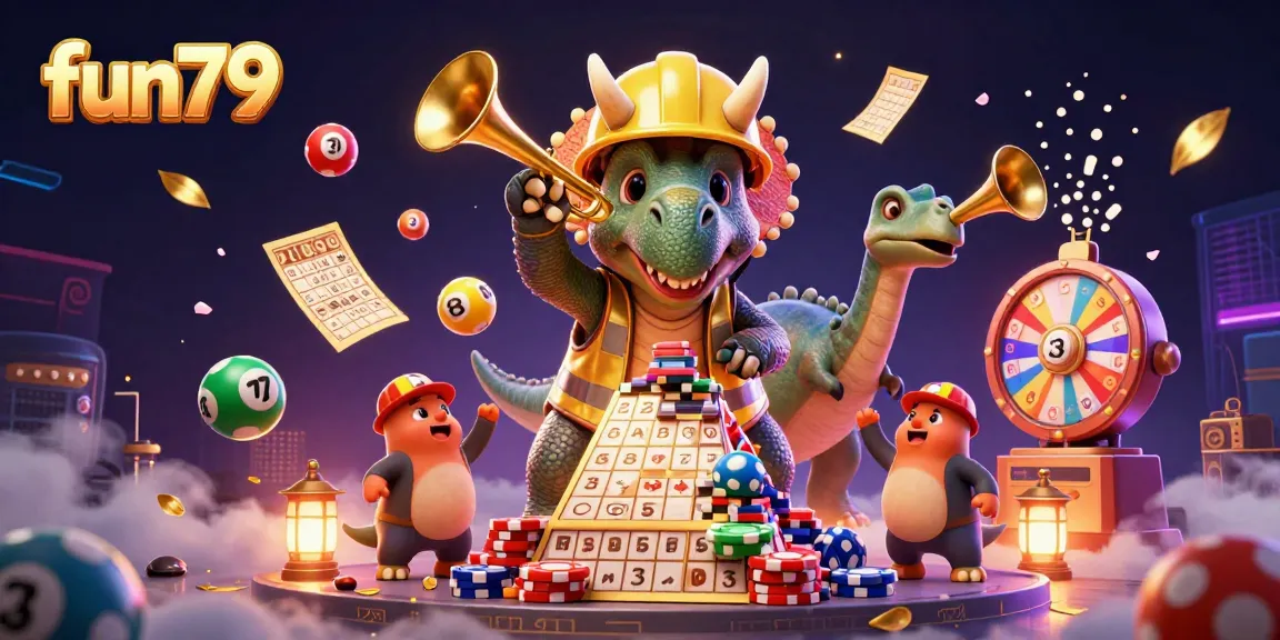 Win big with fun79 while a dinosaur celebrates with lottery balls and poker chips in a vibrant casino scene.