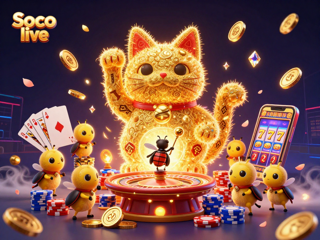Engage with Soco live's vibrant casino world featuring a lucky cat and shimmering gold elements.