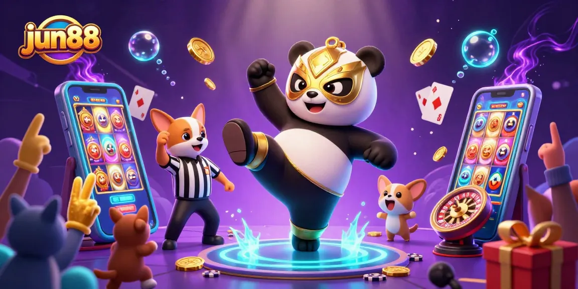 Experience thrilling games at jun88 with vibrant slots and animated characters in an exciting casino scene.