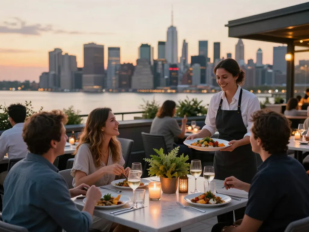 NoHu rooftop dining experience with skyline views at sunset