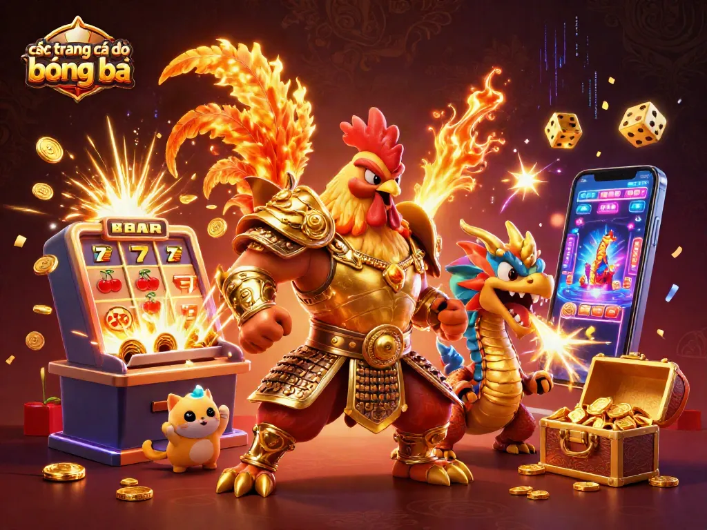 Các trang cá độ bóng đá trong hình ảnh hoành tráng với gà chiến, rồng và biểu tượng casino hấp dẫn.