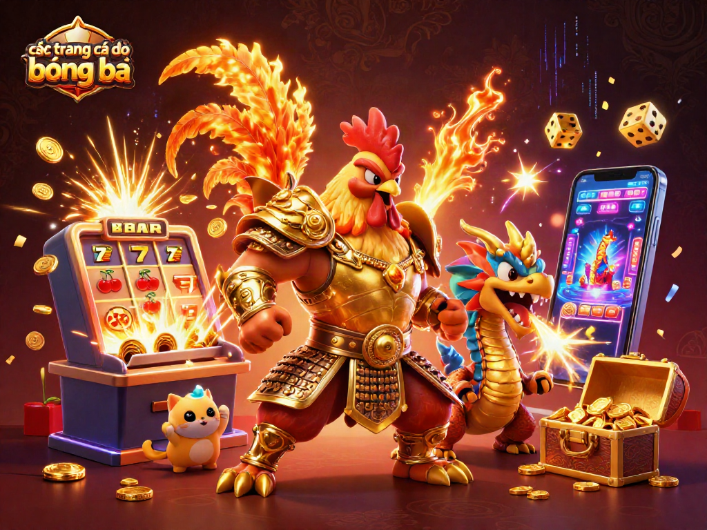 Các trang cá độ bóng đá trong hình ảnh hoành tráng với gà chiến, rồng và biểu tượng casino hấp dẫn.