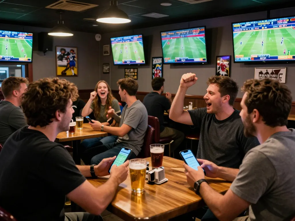 Patrons placing bets on the go99 app during a thrilling sports match at a vibrant sports bar.