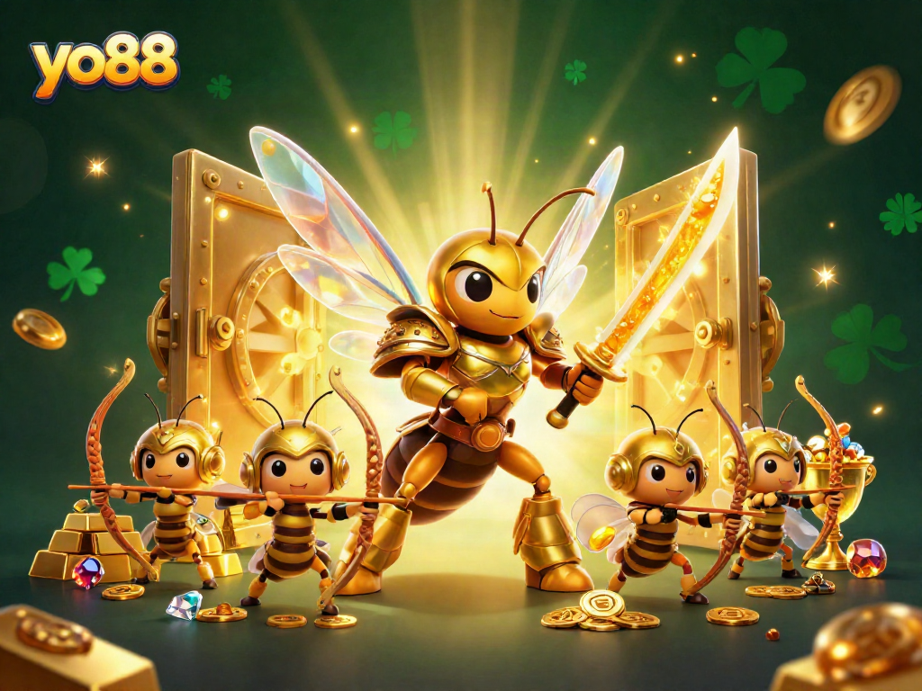 Experience the excitement at yo88 with a dynamic scene featuring a golden hornet warrior surrounded by treasures of luck.