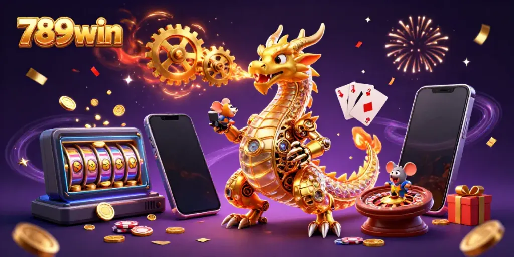 Experience winning adventures with 789win in this vibrant casino-themed 3D scene.