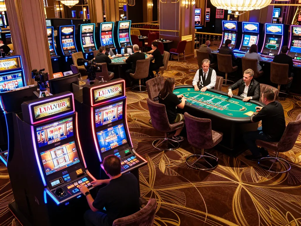 Players enjoying the LV88 experience at an upscale casino, vibrant slot machines and lively blackjack table in view